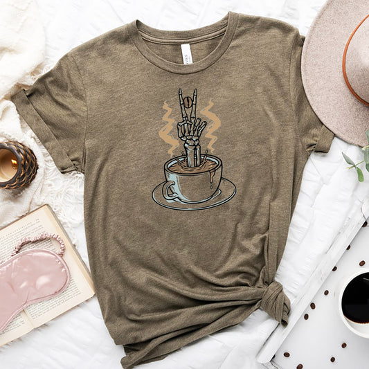 A Cup of Coffee and a Skeleton Hand Peace T-Shirt